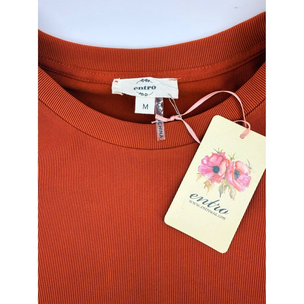 Entro Rust Orange Ribbed Knit Ric Rac Trim Crop Top and Wide Leg Pants Set MED